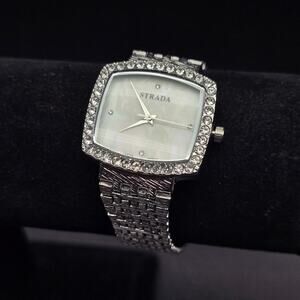 Women's Strada Mother of Pearl Quartz Watch Rhinestone Silver Tone WORKS